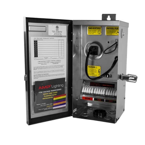 Steel outdoor electrical transformer for use in automated low-voltage lighting systems.