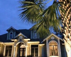 Bright exterior home lighting highlighting a Hilton Head house and landscaping at twilight. Ideal for outdoor home security and aesthetics. Elegant Hilton Head property illuminated with Murphy Outdoor Lighting at dusk. Perfect for enhancing curb appeal and outdoor ambiance.