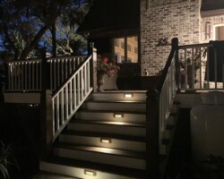 Enhancing a Beaufort home's safety and ambiance with Murphy Outdoor Lighting's LED stair lights. Perfect for steps and outdoor pathways. Stunning Brass LED stair lights in Beaufort, SC for outdoor safety.